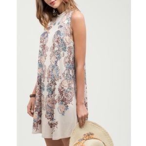 NWT High Neck Tan Blue Print Mini Dress S